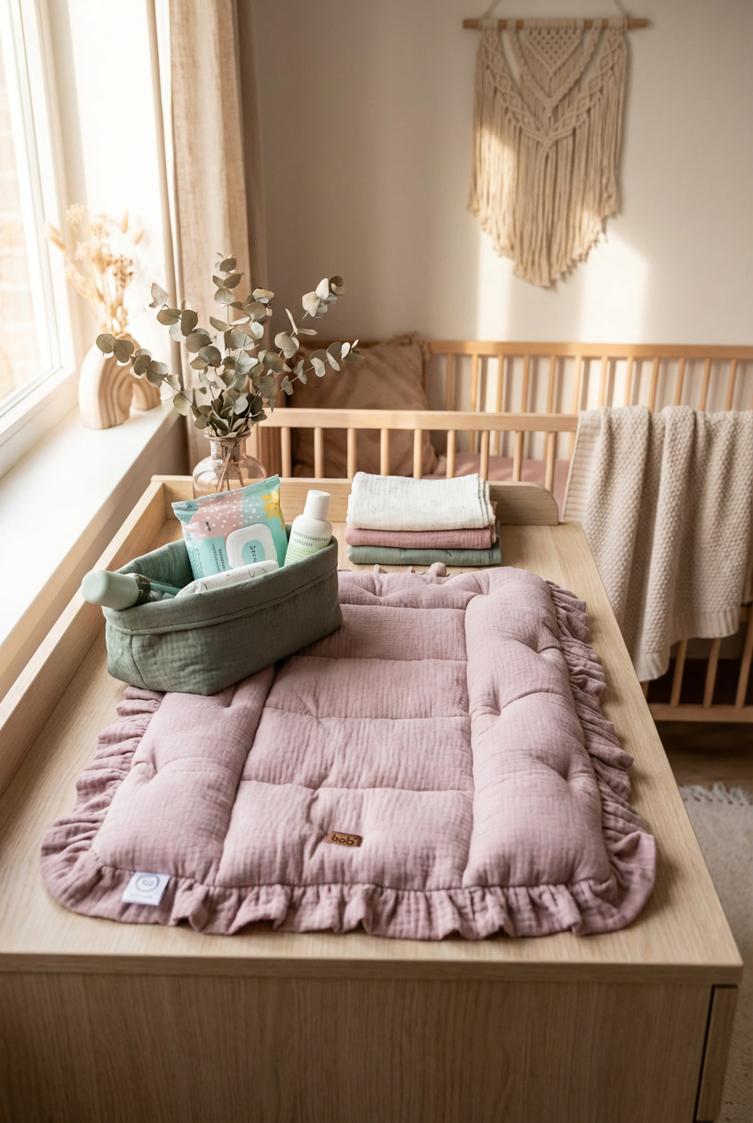 Muszlin anyagú fodros pelenkázó lap dusty rose